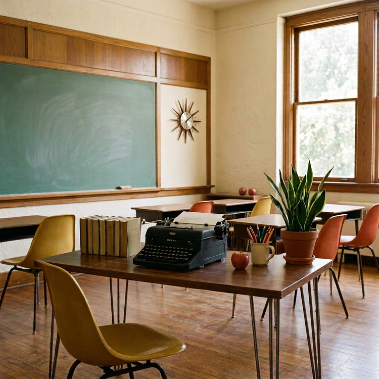 Vintage schoolroom with a blank chalkboard and no globes or maps